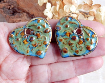 Handmade ceramic charms for earrings heart, earthy ceramic beads, artisan dangle charms, art beads, unique jewelry making supplies
