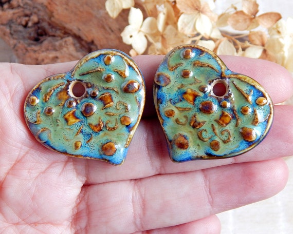 Handmade Ceramic Charms for Earrings Heart, Earthy Ceramic Beads, Artisan Dangle Charms, Art Beads, Unique Jewelry Making Supplies