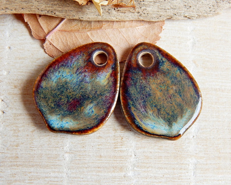 Drop ceramic earring charms, earthy pendants to jewelry making, boho artisan findings, large pottery beads of boho style, handcrafted charms image 7