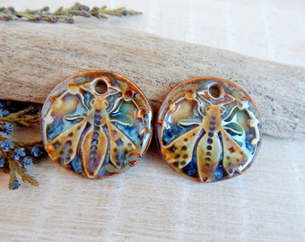 Wasps Artisan Charms for Making Jewelry, Boho ceramic earring pendants, Handmade porcelain components nature inspired, Art beads