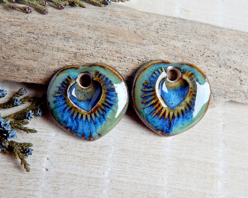 Rustic artisan heart charms, Dangle ceramic earring findings, Unique porcelain beads, 2 Handmade bohemian style findings for making jewelry image 4