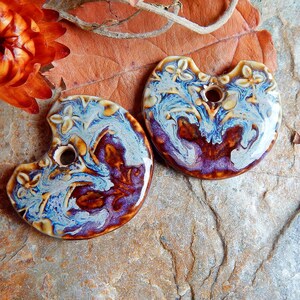 Dangle handmade charms of ceramic, Artisan large flowers components for making jewelry, Handcrafted rustic findings, 2 Art ceramic beads