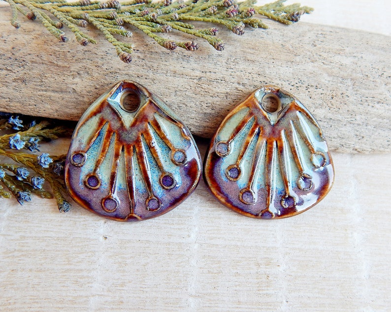 Rustic earring findings, Large dangle charms of ceramic, Artisan boho porcelain pendants for making jewelry, Handcrafted sun rays beads image 4