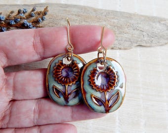 Rustic earrings with floral pattern, Handcrafted dangle folk flower earrings of porcelain, Handmade ceramic jewelry for gift