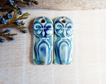 Rectangular boho charms for making jewelry, 2 pcs Artisan blue ceramic pendants, Handmade long textured findings, Unique porcelain beads