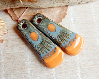 Rectangular artisan Charms, pair of ceramic charms, supplies of nature colors, handmade earring charm, jewellery making components