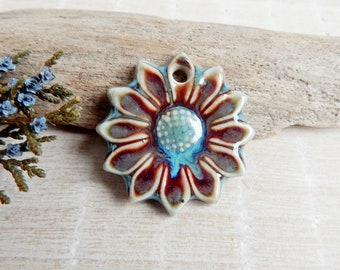 Bright flower necklace pendant of ceramic, Nature big charm for making jewelry, Handmade Boho focal for DIY, Artisan components, Art beads