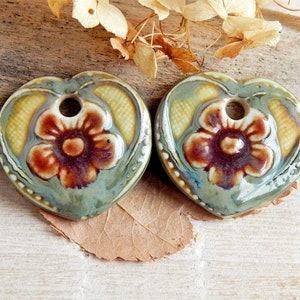 Heart charms for jewelry making, dangle earring charms, unique ceramic beads, bohemian style findings, artisan components for necklace