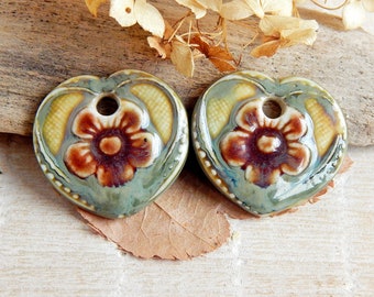 Heart charms for jewelry making, dangle earring charms, unique ceramic beads, bohemian style findings, artisan components for necklace