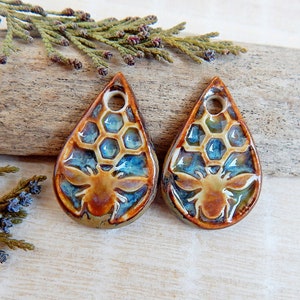 Honeycomb teardrop charms of ceramic, 2pcs Bee ceramic earring charms, Artisan boho components for making jewelry, Handmade porcelain beads