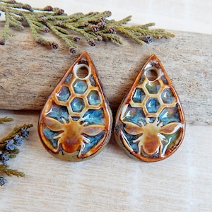 Honeycomb teardrop charms of ceramic, 2pcs Bee ceramic earring charms, Artisan boho components for making jewelry, Handmade porcelain beads