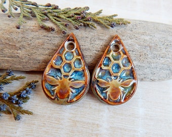 Honeycomb teardrop charms of ceramic, 2pcs Bee ceramic earring charms, Artisan boho components for making jewelry, Handmade porcelain beads