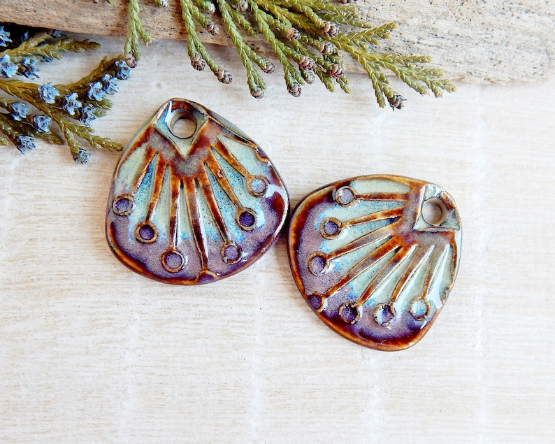 Rustic earring findings, Large dangle charms of ceramic, Artisan boho porcelain pendants for making jewelry, Handcrafted sun rays beads image 5