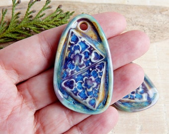 Big boho ceramic pendant, Handmade textured charm for necklace, Artisan rustic components for making jewelry, Geometric unique findings