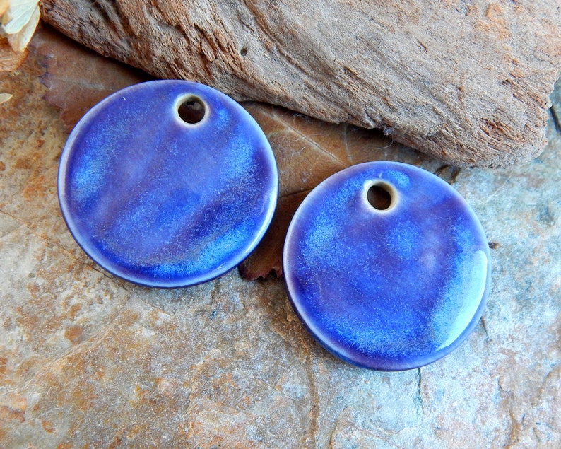 Round handcrafted earring charms, Pair dangle ceramic beads, Boho ceramic pendant for making jewelry, 2 pcs handmade blue focal image 7