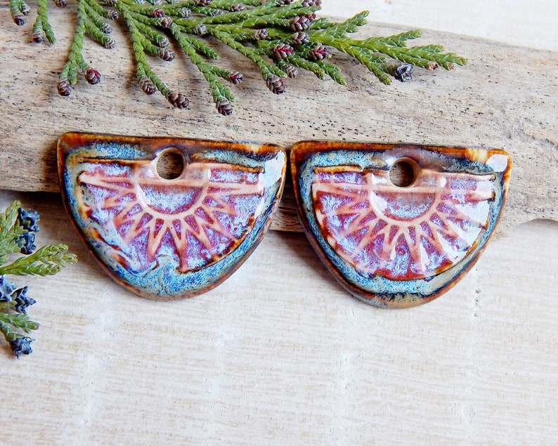 Pair boho components for making earrings, Artisan jewelry charms of ceramic, Handmade dangle findings, Handcrafted rustic pendants porcelain image 1