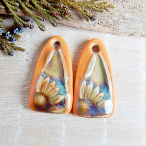 Orange Floral Artisan Ceramic Charms, 2pcs Handcrafted boho long earring findings, Handmade unique porcelain components for making jewelry image 5