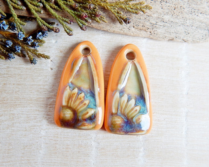 Orange Floral Artisan Ceramic Charms, 2pcs Handcrafted boho long earring findings, Handmade unique porcelain components for making jewelry image 5