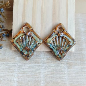Small boho ceramic charms for earrings, 2pcs Handmade pendants in earthy tones, Rustic handcrafted porcelain components for jewelry making