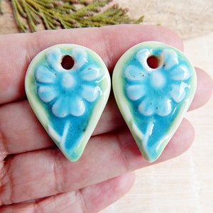 Teardrop flower charms of ceramic, 2pcs Handmade floral pendants for making earrings, Artisan boho porcelain componentes for DIY jewelry