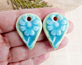 Teardrop flower charms of ceramic, 2pcs Handmade floral pendants for making earrings, Artisan boho porcelain componentes for DIY jewelry