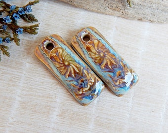 Artisan floral earring charms, 2pcs long ceramic pendants for jewelry making, Handmade boho rectangle findings, Earthy porcelain beads