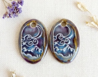 Landscape ceramic charms, 2 pcs Handmade rustic ceramic pendants, Artisan boho findings to make earrings, Artisan unique jewelry components