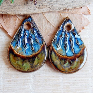 Artisan teardrop charms, 2pcs Rustic ceramic earring pendants, Organic boho components for making jewelry, Handmade dangle art beads image 1