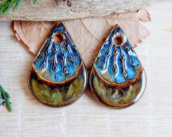 Artisan teardrop charms, 2pcs Rustic ceramic earring pendants, Organic boho components for making jewelry, Handmade dangle art beads