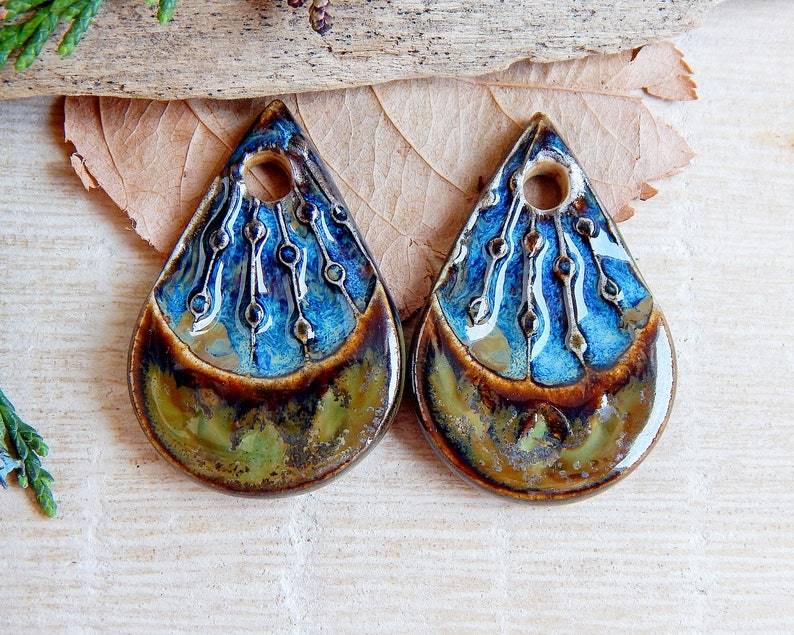 Artisan teardrop charms, 2pcs Rustic ceramic earring pendants, Organic boho components for making jewelry, Handmade dangle art beads image 1