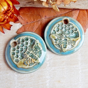 Honeycomb round earring charms, 2 honey bee artisan ceramic jewelry components, Handcrafted boho findings, Handmade unique pendants image 1