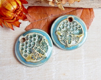 Honeycomb round earring charms, 2 honey bee artisan ceramic jewelry components, Handcrafted boho findings, Handmade unique pendants