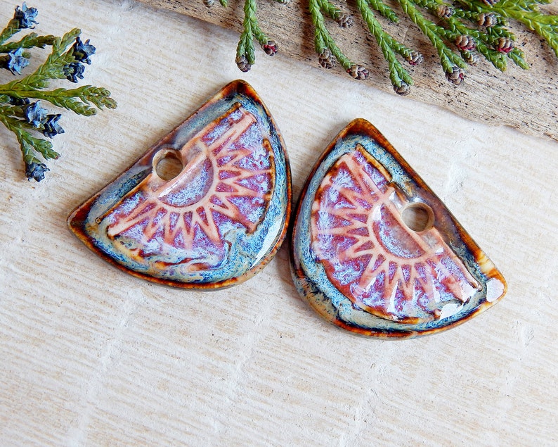 Pair boho components for making earrings, Artisan jewelry charms of ceramic, Handmade dangle findings, Handcrafted rustic pendants porcelain image 4