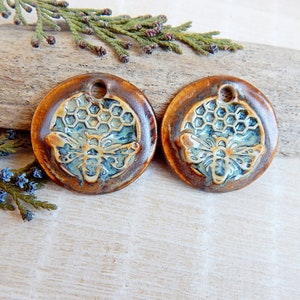 Pair bee round charms for earring making, Honeycomb artisan ceramic jewelry components, Boho rustic findings, Handmade honey bee pendants image 1