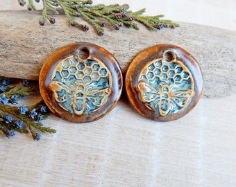 Pair bee round charms for earring making, Honeycomb artisan ceramic jewelry components, Boho rustic findings, Handmade honey bee pendants