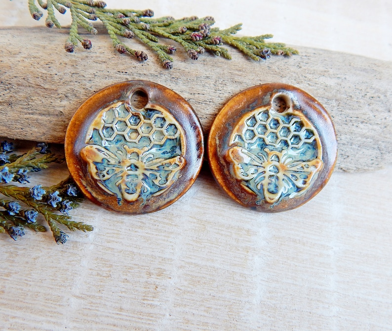 Pair bee round charms for earring making, Honeycomb artisan ceramic jewelry components, Boho rustic findings, Handmade honey bee pendants image 1