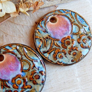 Artisan bohemian charms with round design, earring findings of ceramic with a floral pattern image 2