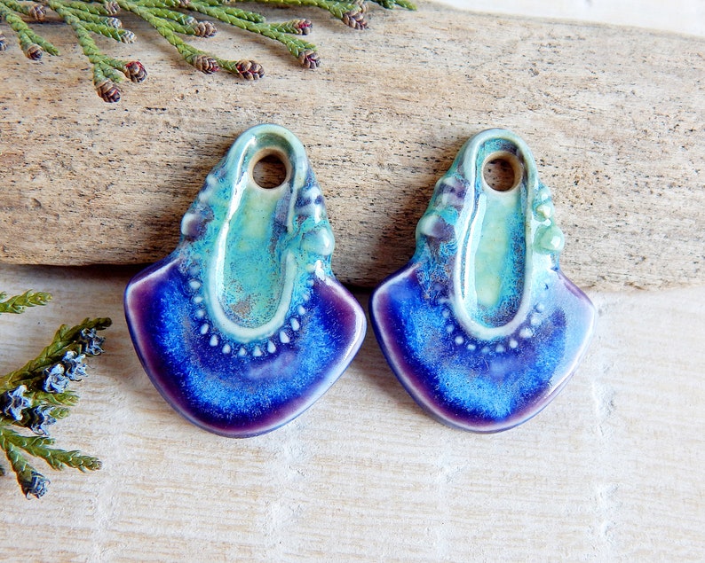 Ceramic boho earring charms, Artisan tribal findings, Rustic handcrafted jewelry making supplies, Porcelain art beads image 2