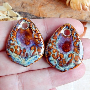 Drop ceramic earring charms, 2 pcs Boho dangle finding for Jewelry maker, Artisan rustic textured connector 1 hole, Unique handmade supplies image 2