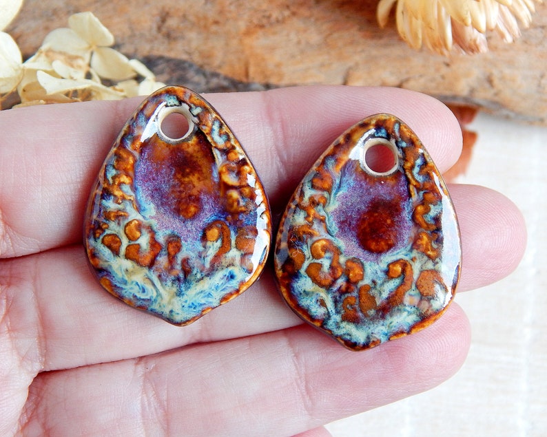 Drop ceramic earring charms, 2 pcs Boho dangle finding for Jewelry maker, Artisan rustic textured connector 1 hole, Unique handmade supplies image 2
