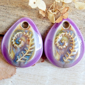 Handmade fern earring findings, Pair of nature ceramic charms, Handcrafted dangle components, Artisan focal beads for making jewelry