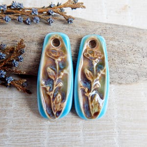 Rectangle floral artisan charms, Pair wildflower ceramic pendants, Handmade boho components to make earrings, Nature unique jewelry findings
