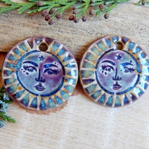 Sun face artisan charms, 2pcs Handmade round ceramic pendants, Celestial unique findings for making jewelry, Sunshine dangle art beads image 2