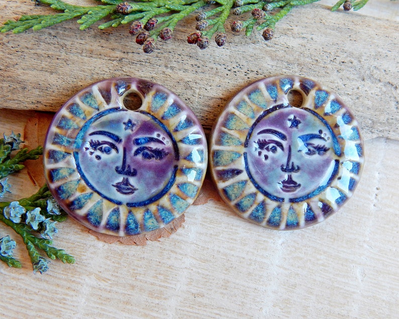 Sun face artisan charms, 2pcs Handmade round ceramic pendants, Celestial unique findings for making jewelry, Sunshine dangle art beads image 2