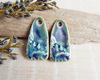 Forest ceramic earring charms, 2pcs Handcrafted nature jewelry findings, Handmade long boho components, Handmade porcelain beads