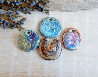Set of Assorted Ceramic Pendants, 4 artisan pendants of porcelain, boho necklace supplies, lot handcrafted pendants