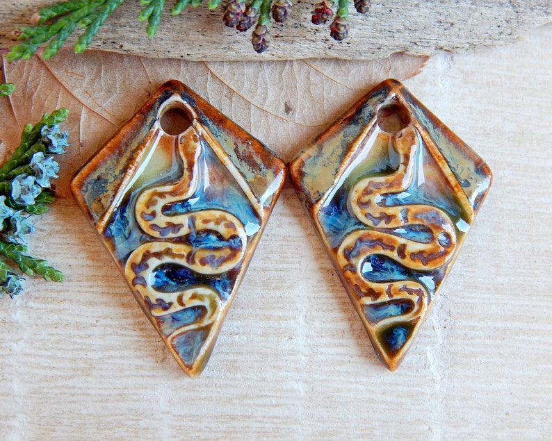 Handmade snake earring charms, 2 pcs Artisan nature ceramic pendants, 1 Hole rhombus shape jewelry supplies, Unique dangle porcelain beads image 4
