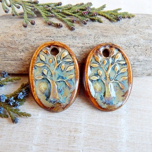 Tree of life ceramic charms, Artisan nature pendants, Pair of oval porcelain components, Boho findings to make earrings, Ceramic beads image 1