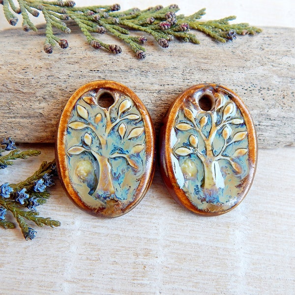 Tree of life ceramic charms, Artisan nature pendants, Pair of oval porcelain components, Boho findings to make earrings, Ceramic beads
