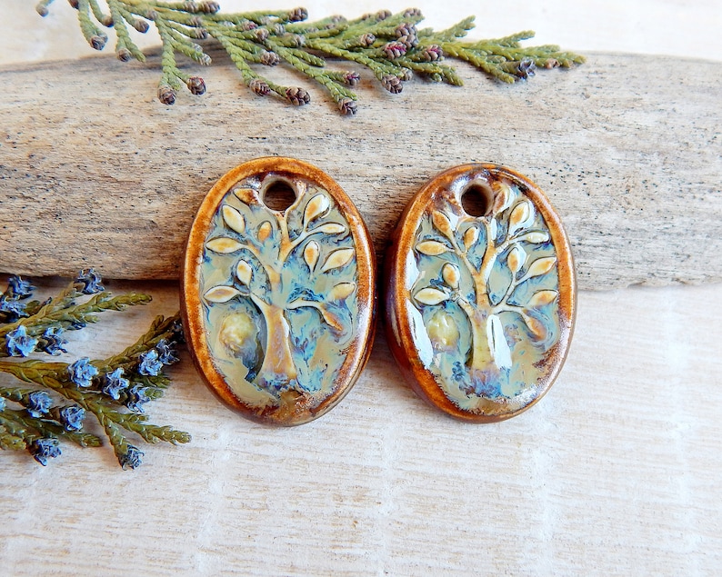 Tree of life ceramic charms, Artisan nature pendants, Pair of oval porcelain components, Boho findings to make earrings, Ceramic beads image 1